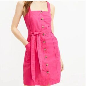 LOFT Strappy Button Pocket Dress Linen Blend Fuchsia Size 8